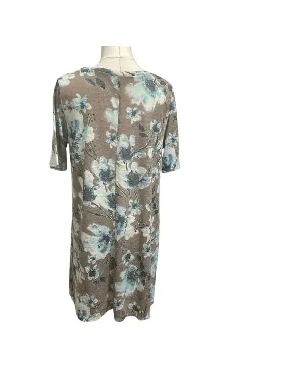BY TOGETHER Floral Tunic Top Dress M Blue Taupe Keyhole Short Sleeve Boho Shift - Picture 4 of 6